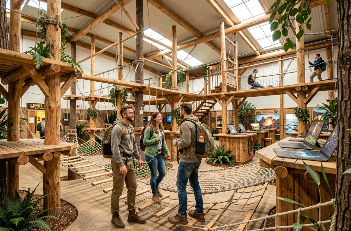 Groupe d'adultes en parcours aventure dans les installations de Limitless Adventure à Cergy