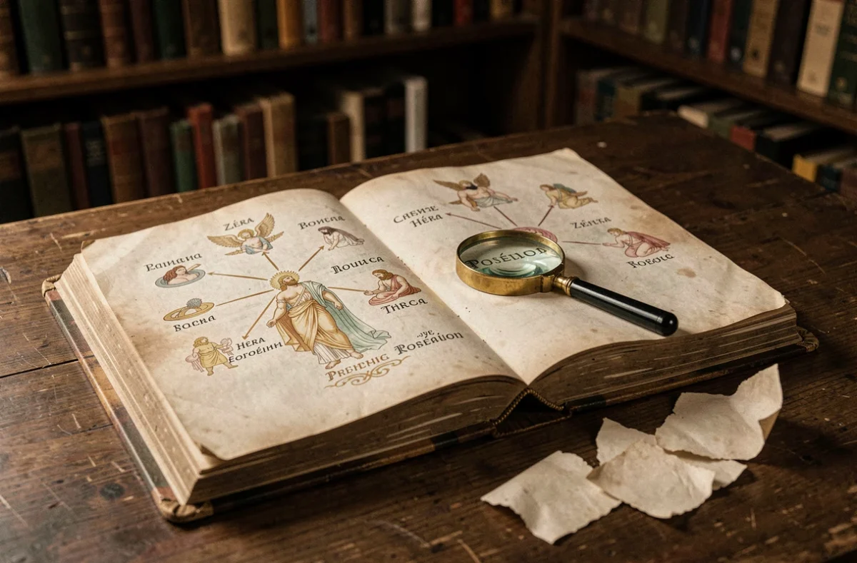 Livre ancien ouvert sur un arbre généalogique illustré des dieux de la mythologie grecque avec Zeus