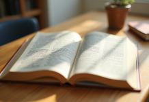 Livre de grammaire française ouvert sur un bureau lumineux