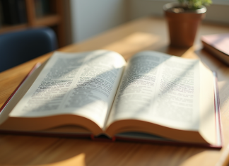 Livre de grammaire française ouvert sur un bureau lumineux