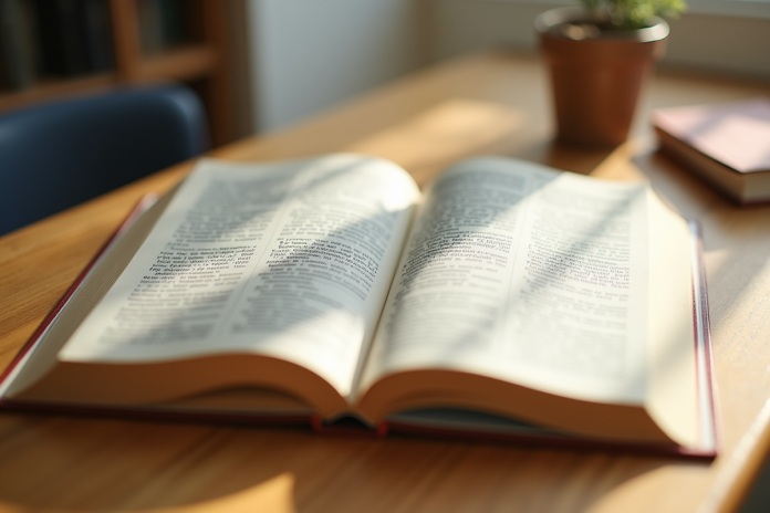 Livre de grammaire française ouvert sur un bureau lumineux