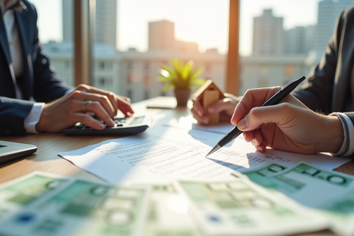 Mains remplissant des documents fiscaux avec maison miniature