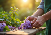Mains de jardinier préparant un glycine au matin