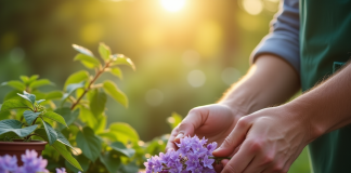 Mains de jardinier préparant un glycine au matin
