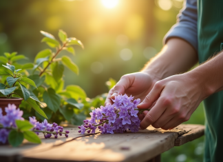 Mains de jardinier préparant un glycine au matin