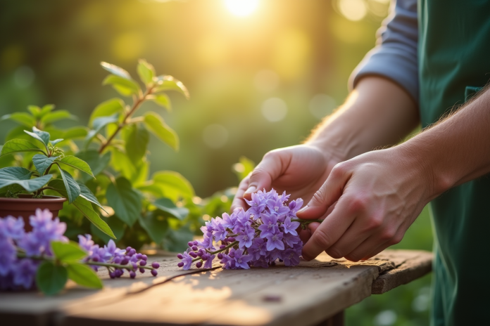 Mains de jardinier préparant un glycine au matin
