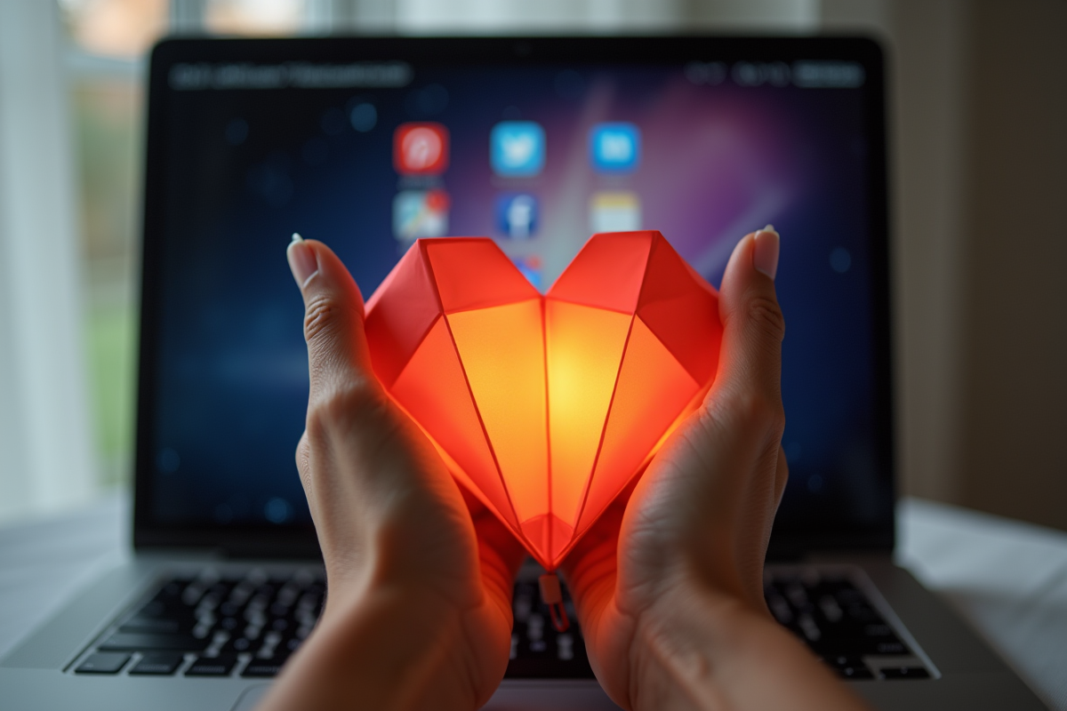 Mains jeunes tenant un origami en forme de coeur devant un ordinateur