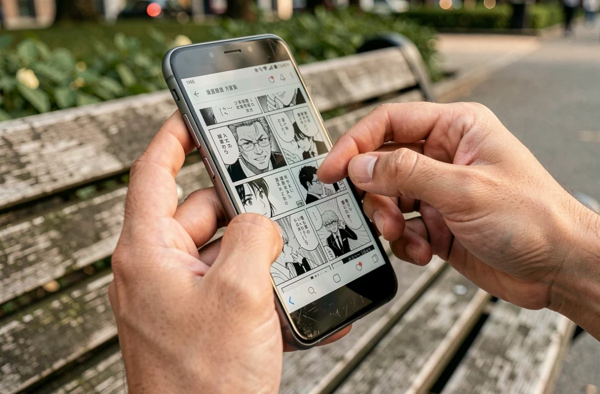 Mains tenant un smartphone affichant un scan de manga One Punch Man en VF en plein air