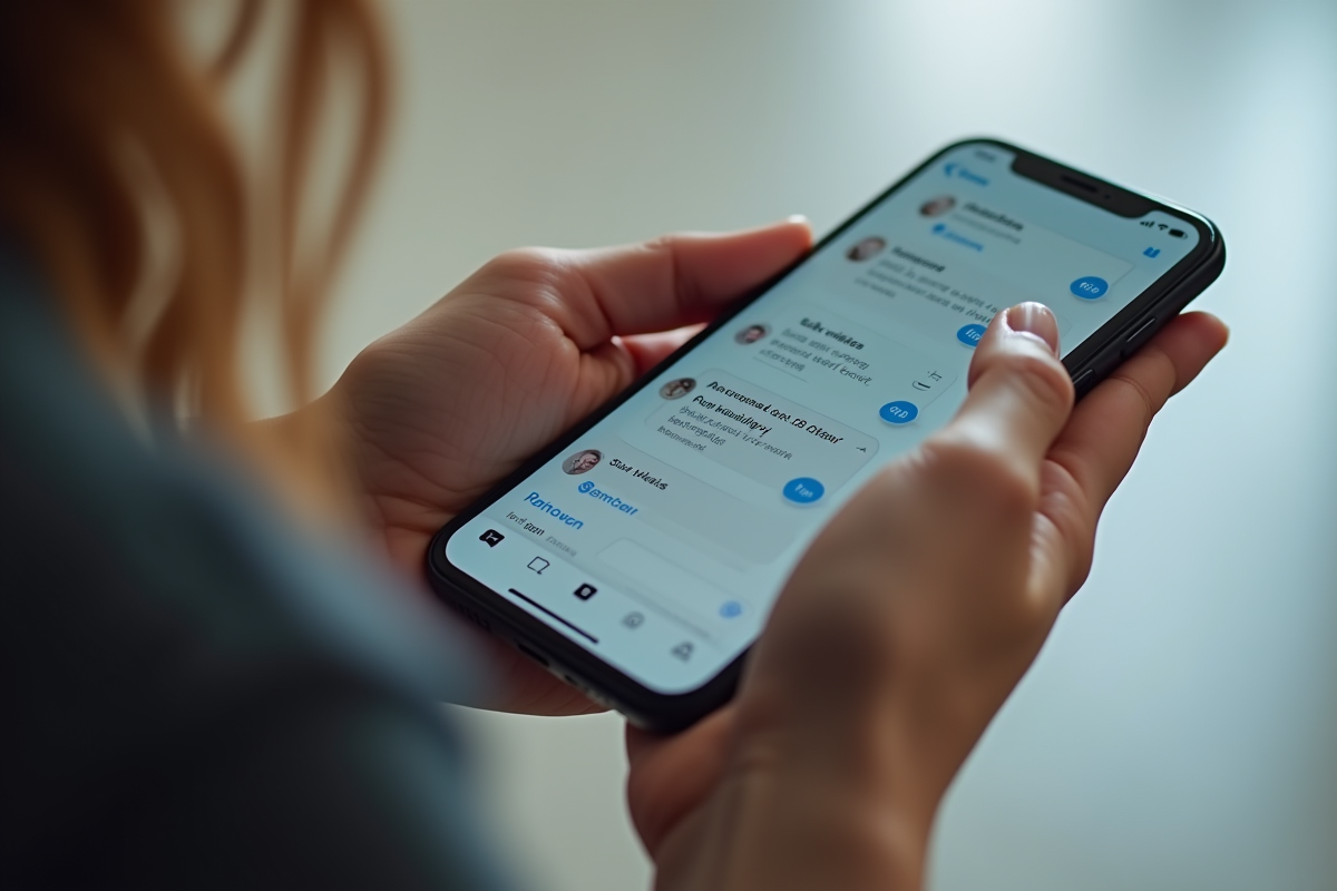 Mains tenant un smartphone avec notifications de messages