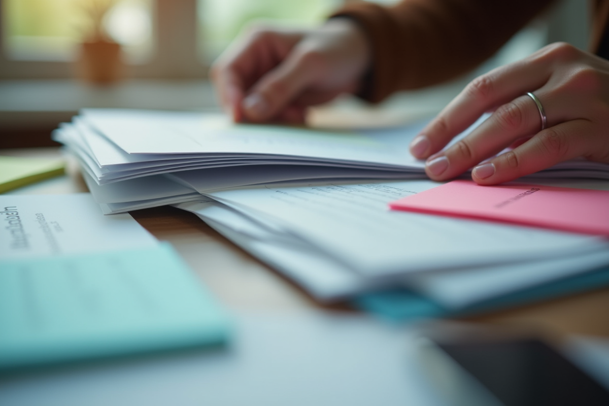 Mains triant des emails imprimés avec des notes autocollantes colorées