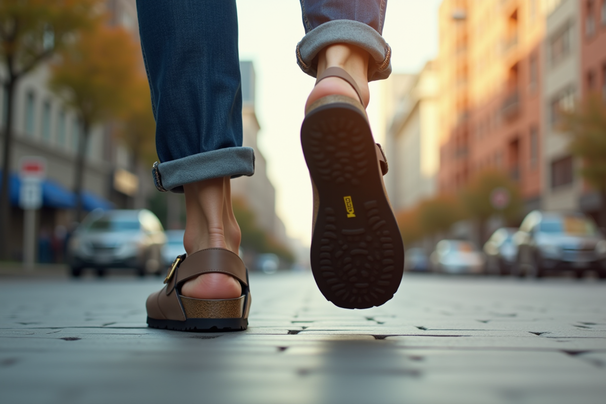 Pas en ville avec chaussures Scholl et Birkenstock en mouvement