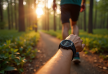Marcheur dans la forêt avec montre de marche sur le poignet