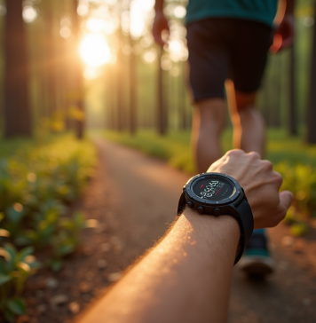 Marcheur dans la forêt avec montre de marche sur le poignet