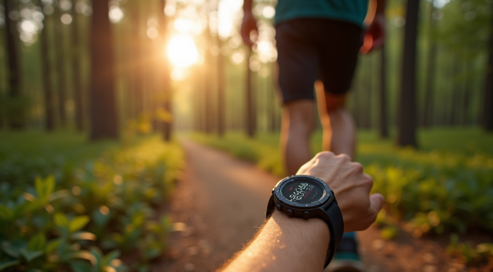 Marcheur dans la forêt avec montre de marche sur le poignet