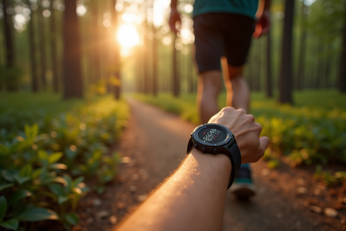 Marcheur dans la forêt avec montre de marche sur le poignet