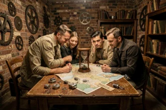 Groupe d'adultes résolvant des énigmes dans une salle d'escape game du Val-d'Oise, avec cadenas, cartes et sablier sur une table en bois