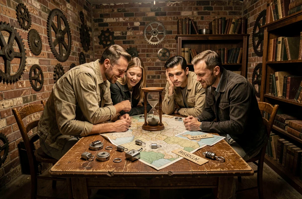 Groupe d'adultes résolvant des énigmes dans une salle d'escape game du Val-d'Oise, avec cadenas, cartes et sablier sur une table en bois