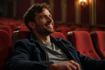 Homme souriant dans une salle de cinéma vintage regardant un film en 2026, illustrant les meilleurs films de James Funn