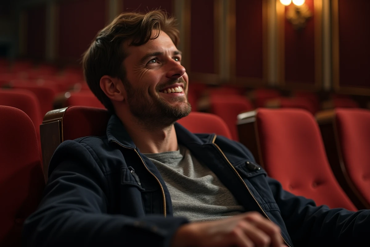 Homme souriant dans une salle de cinéma vintage regardant un film en 2026, illustrant les meilleurs films de James Funn