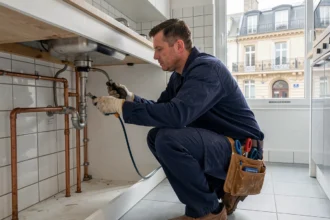 Plombier professionnel en Seine-Saint-Denis inspectant des canalisations sous un évier dans un appartement moderne