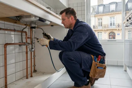 Plombier professionnel en Seine-Saint-Denis inspectant des canalisations sous un évier dans un appartement moderne