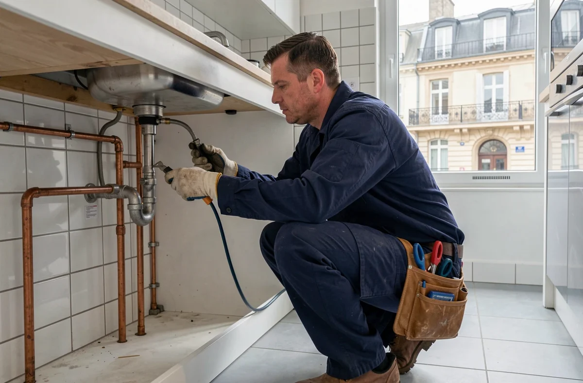 Plombier professionnel en Seine-Saint-Denis inspectant des canalisations sous un évier dans un appartement moderne