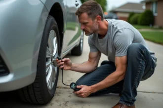 Homme qui mesure la pression d'un pneu de voiture avec un manomètre numérique affichant des valeurs en PSI dans une allée résidentielle