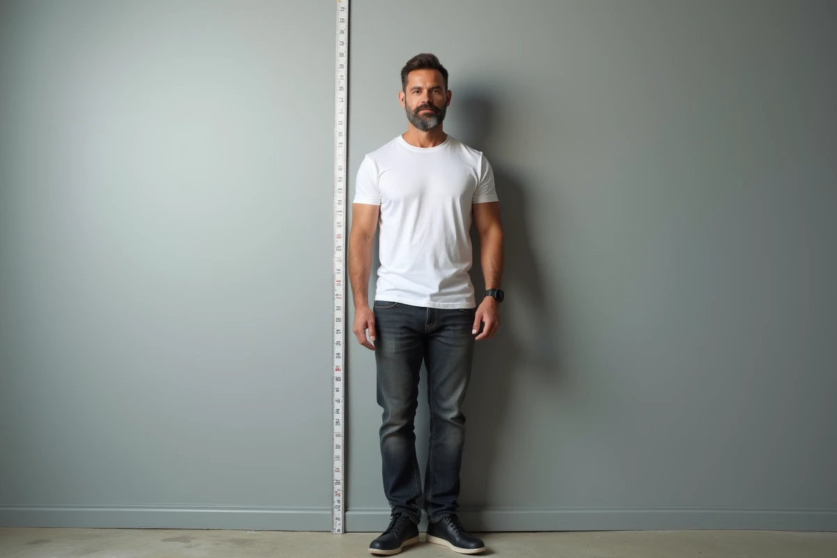 Homme grand mesurant sa taille contre un mètre ruban en studio photographique