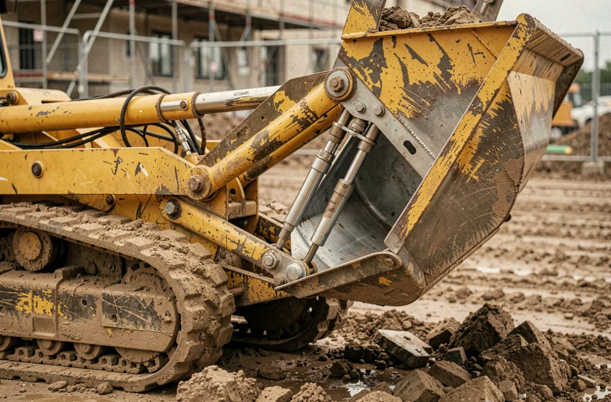 Gros plan sur le mécanisme hydraulique de basculement et le bac rotatif d'un mini dumper professionnel sur chantier