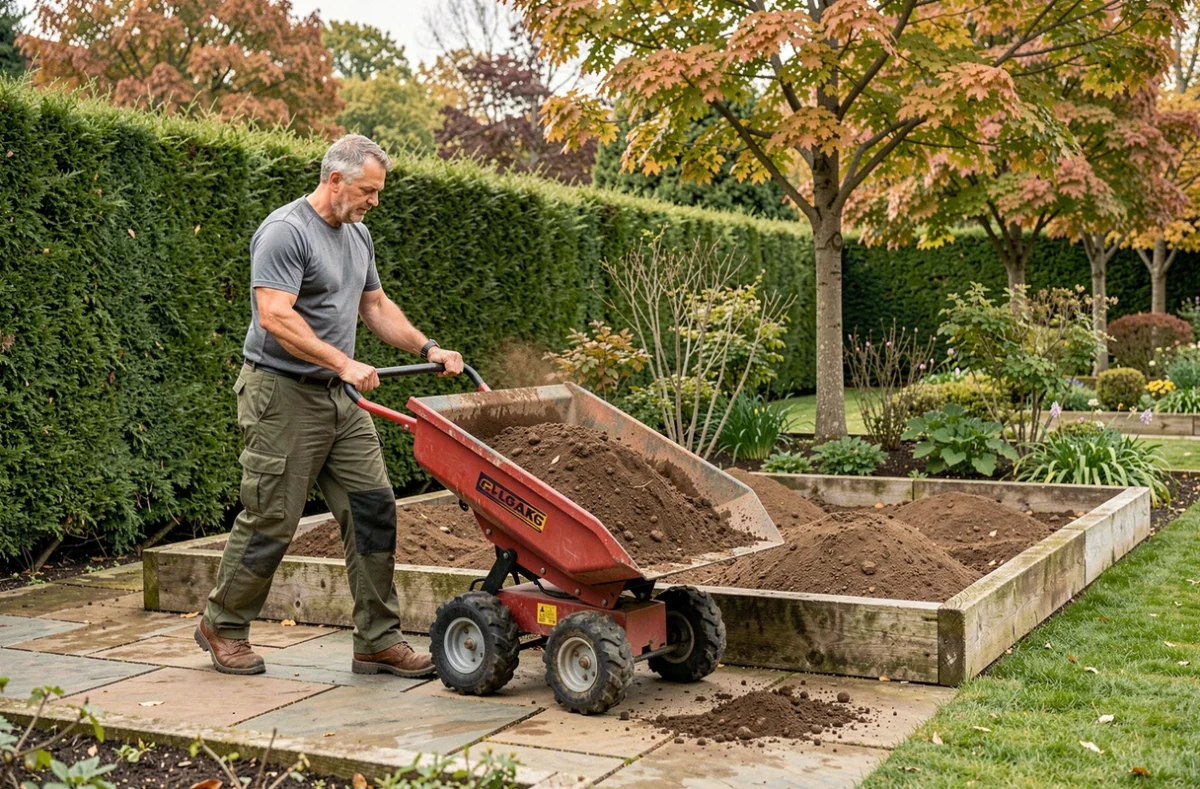 Paysagiste utilisant un mini dumper à roues pour transporter et déverser de la terre végétale dans un jardin privé