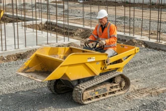 Ouvrier en gilet haute visibilité conduisant un mini dumper professionnel à chenilles sur un chantier de construction avec fondations en béton