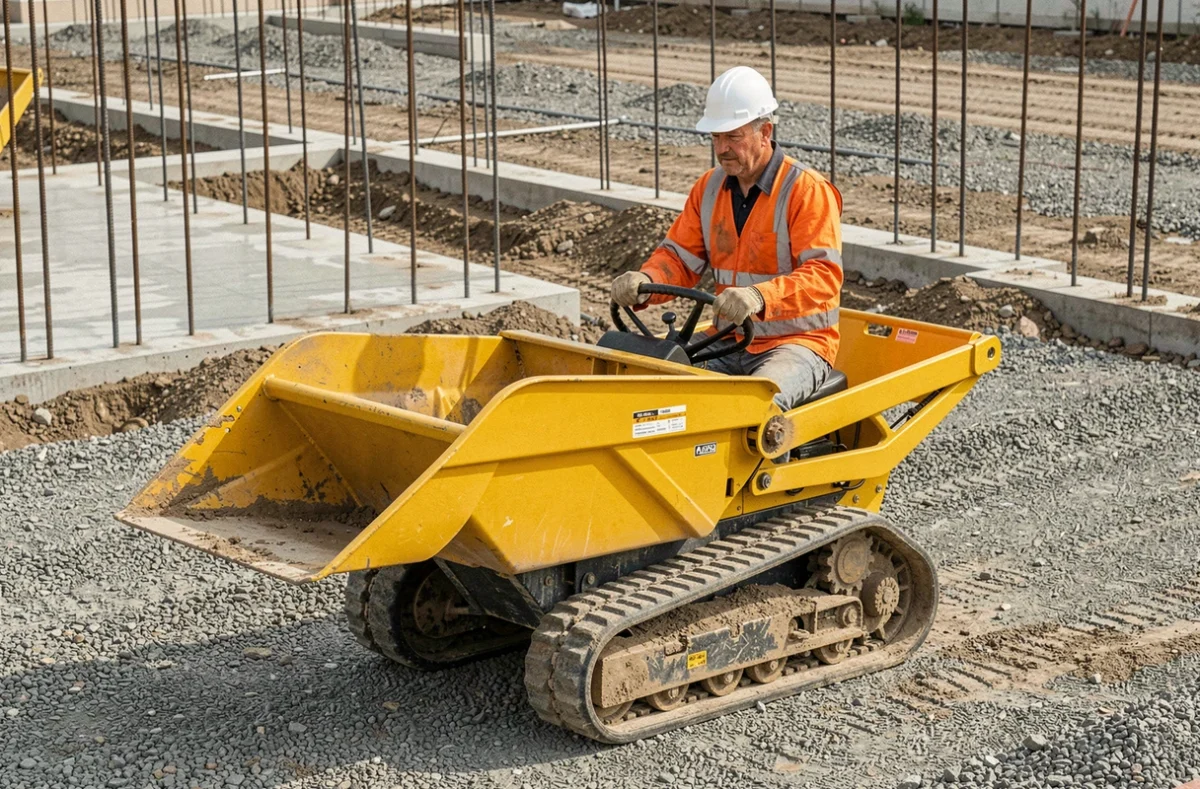 Ouvrier en gilet haute visibilité conduisant un mini dumper professionnel à chenilles sur un chantier de construction avec fondations en béton
