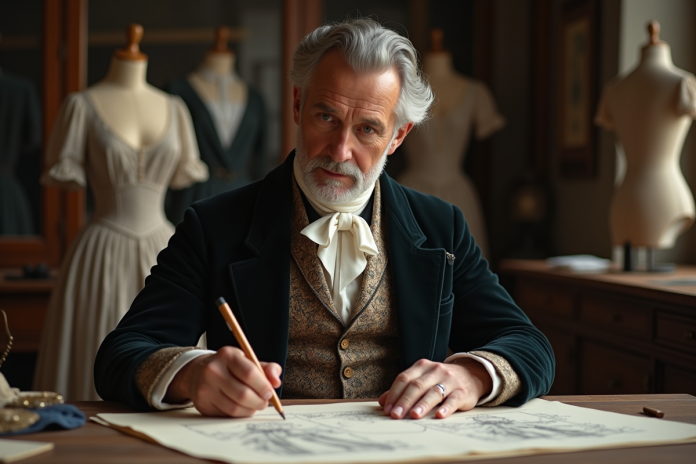 modeleur-atelier-historique Homme élégant dessinant des modèles de mode au XIXe siècle