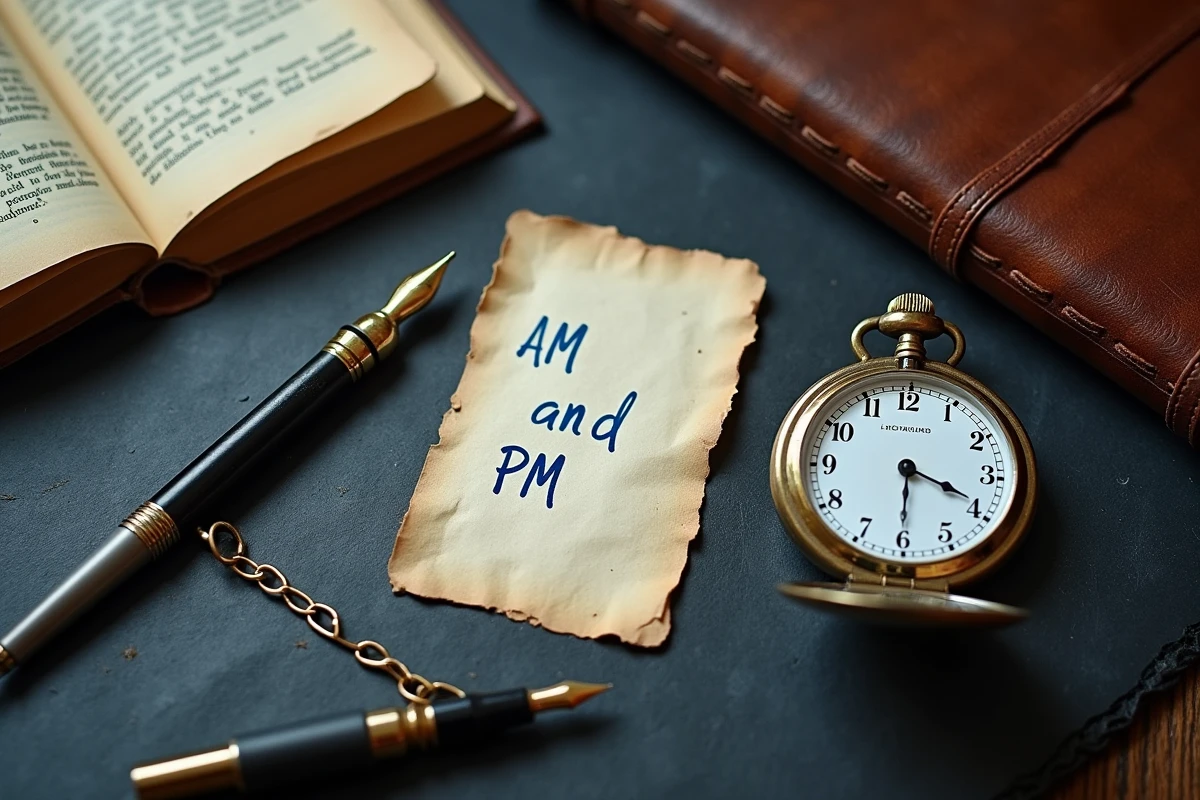 Vue de dessus d'une montre de gousset vintage ouverte avec une note manuscrite indiquant AM et PM sur un fond en ardoise sombre