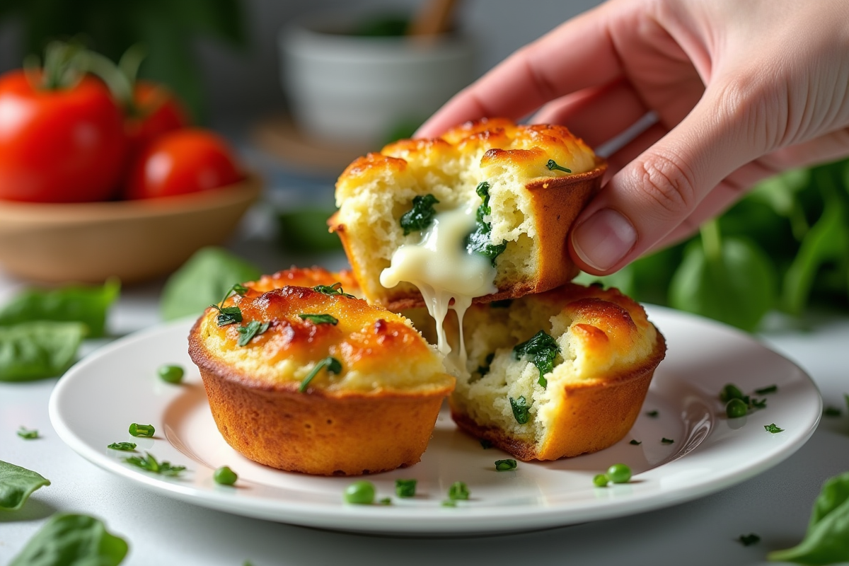 Main cassant un muffin chaud avec légumes et fromage fondu