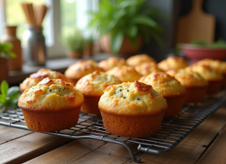 Recette essentielle pour muffins salés : astuces et conseils pour des créations savoureuses Muffins salés aux herbes et fromage sur une table en bois