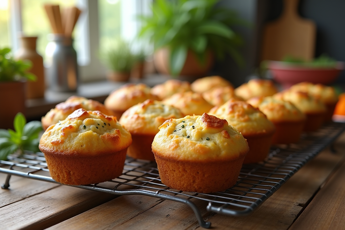 Muffins salés aux herbes et fromage sur une table en bois