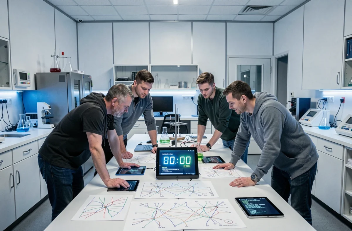 Équipe de joueurs analysant des énigmes scientifiques dans la salle Neurones Escape Game à Eragny