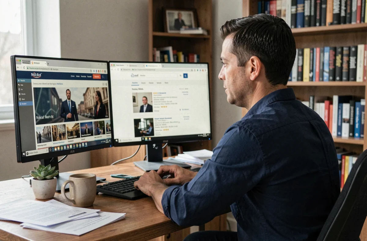 Homme comparant le site Nokraf et une plateforme VOD légale sur un double écran dans un bureau à domicile