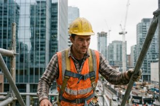 Ouvrier de construction en hauteur sur échafaudage en ville