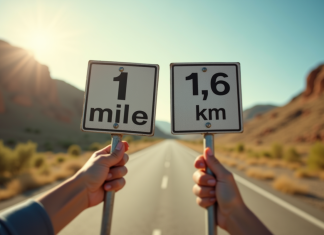 Gros plan d'une main tenant deux panneaux de route avec miles et kilomètres