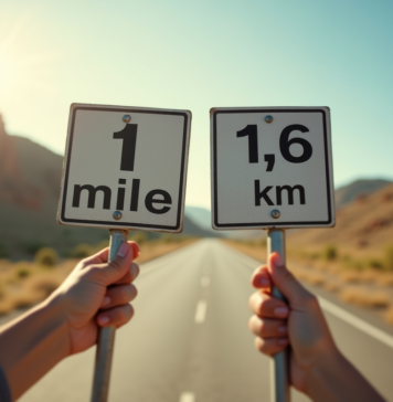 Convertir 1 mile en kilomètres : méthodes simples pour mémoriser la conversion Gros plan d'une main tenant deux panneaux de route avec miles et kilomètres
