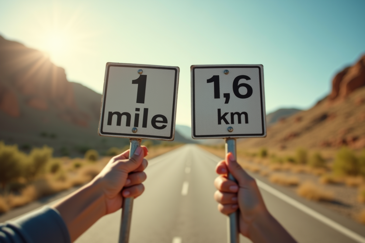 Gros plan d'une main tenant deux panneaux de route avec miles et kilomètres