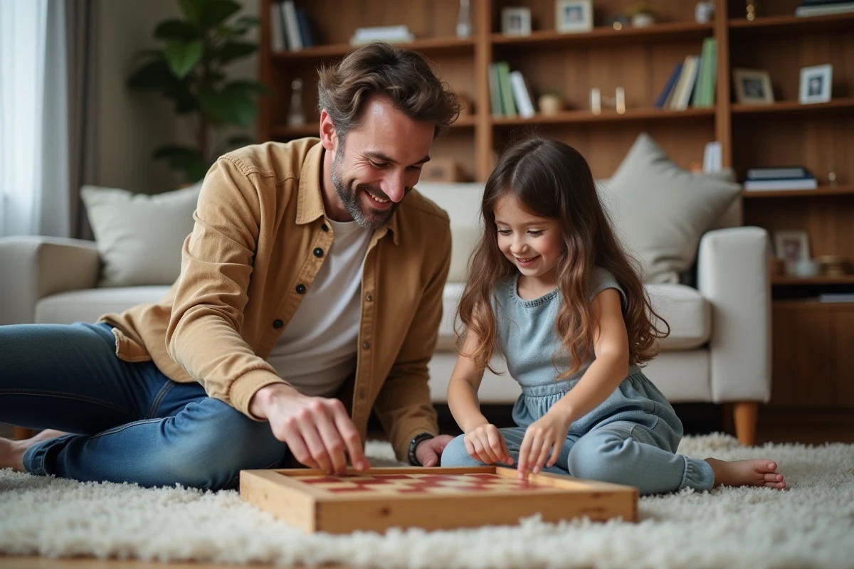 Père et fille jouent à un jeu de société dans le salon
