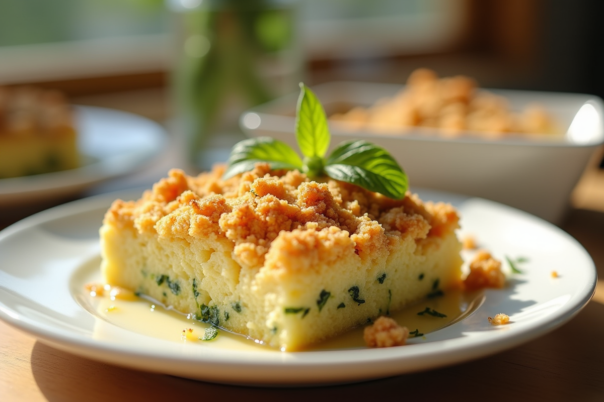 Part de gratin de courgettes avec croûte dorée sur une assiette blanche