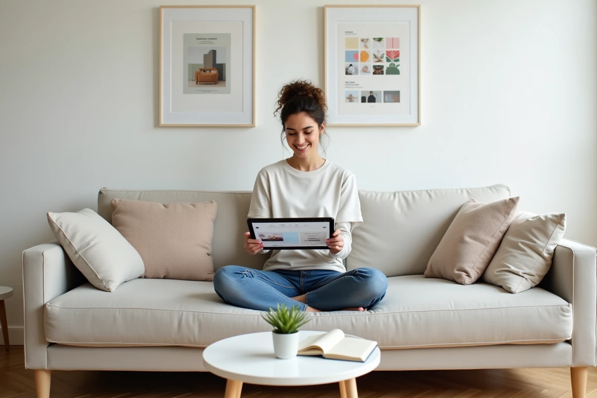 Femme souriante personnalisant la mise en page de son blog gratuit sur une tablette dans un salon minimaliste