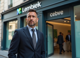 Homme d'affaires inquiet devant une banque à Paris