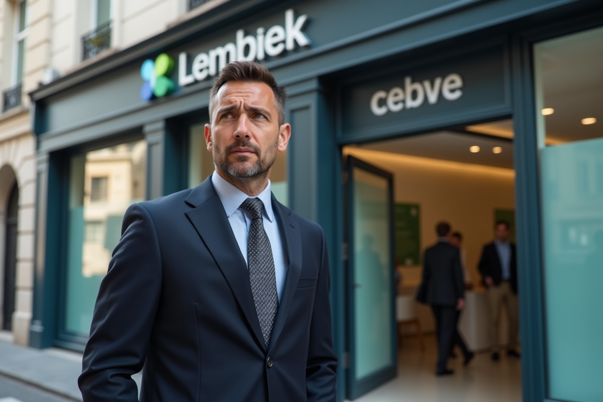 Homme d'affaires inquiet devant une banque à Paris