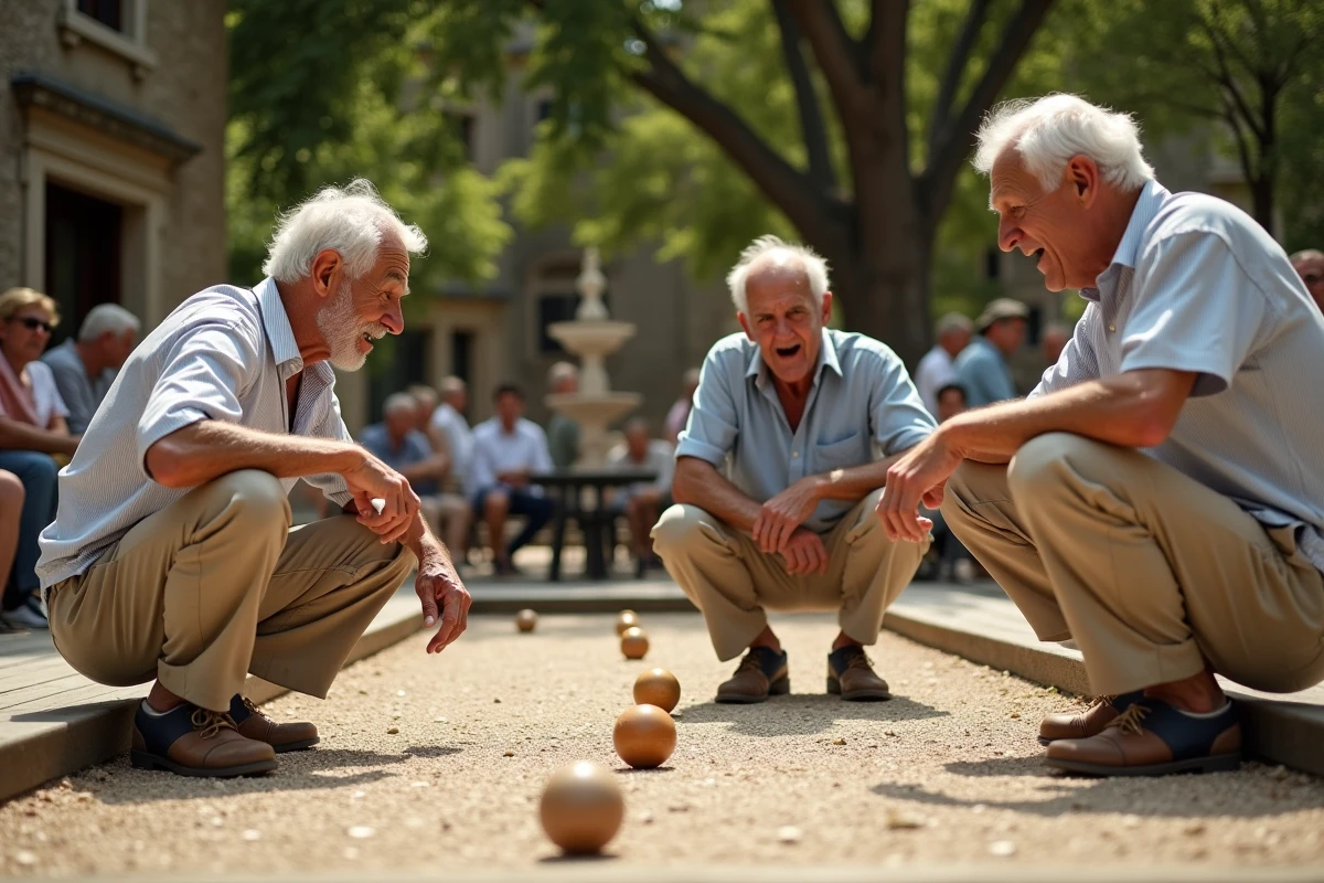 Groupe de joueurs de pétanque âgés en plein tournoi animé sur une place ombragée lors d'une fête de village française