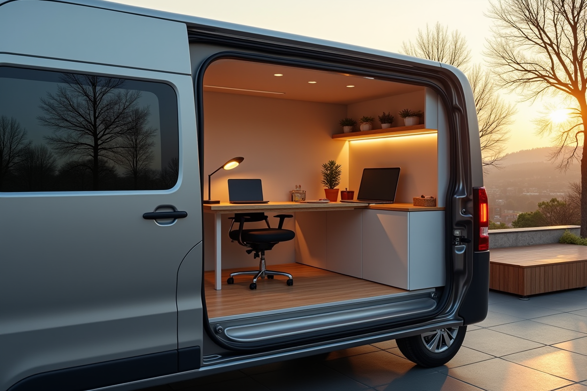 Peugeot Expert en extérieur avec espace de travail modulable et lumière naturelle
